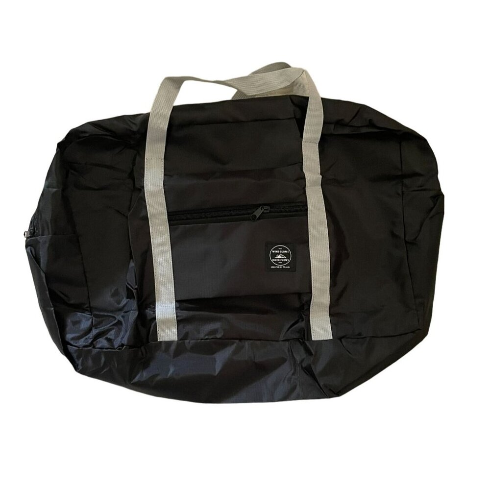Foldable Large Black Travel Duffel Bag With Gray Straps and Front Pocket